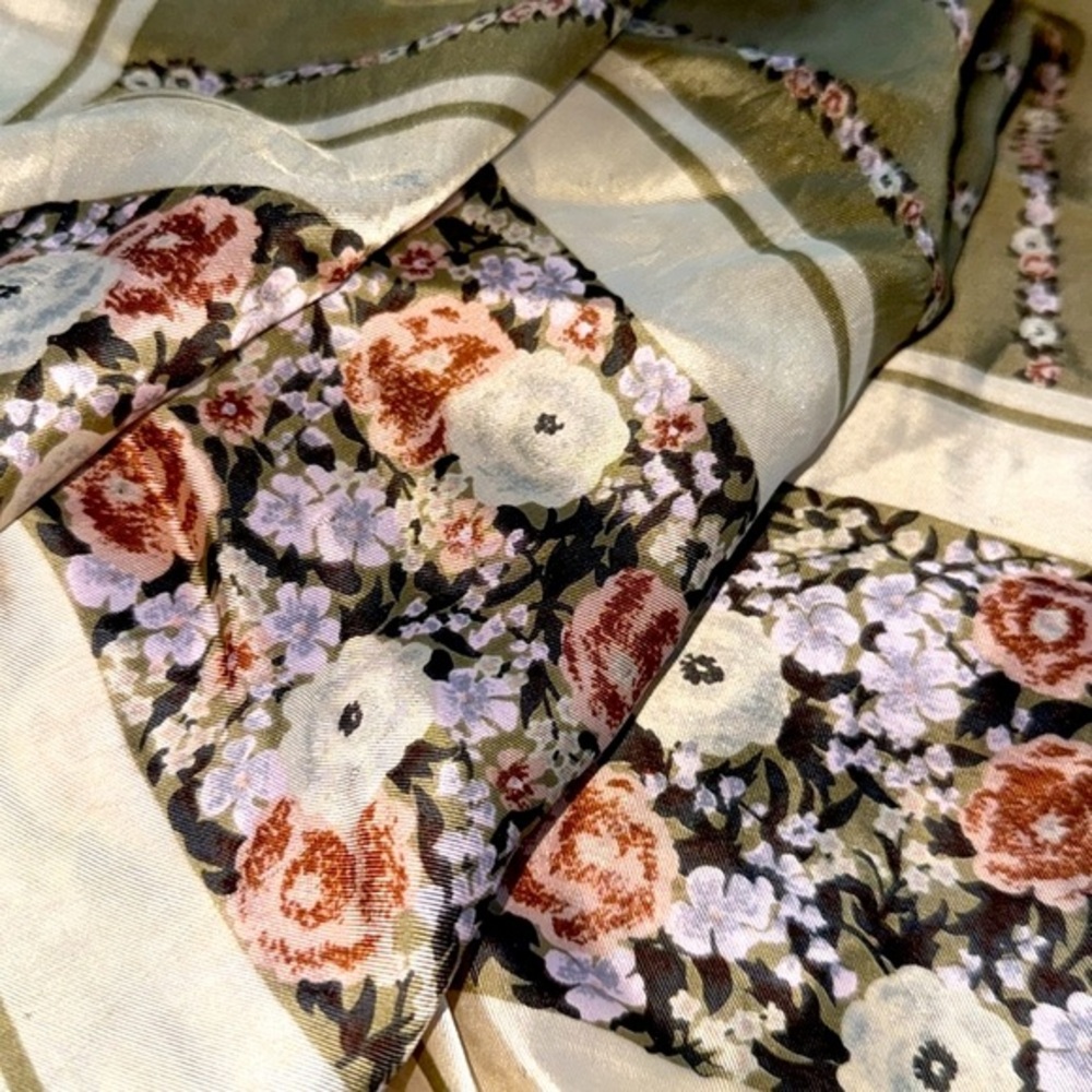 Echo Silk Scarf with Olive and Cream Floral Design 27'x27' - Picture 3 of 7